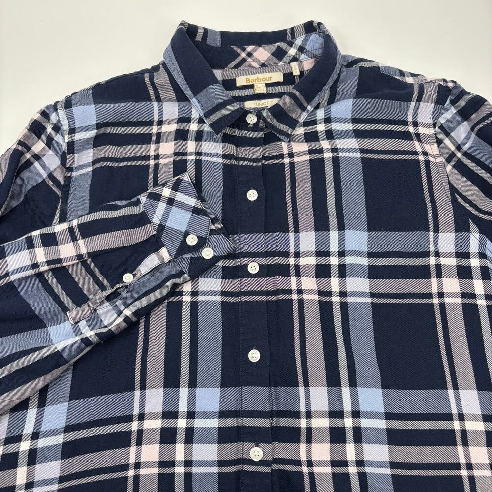 Barbour Womens Sz8 Blue Pink Plaid Long Sleeve Tunic Fit‎ Button Up Shirt